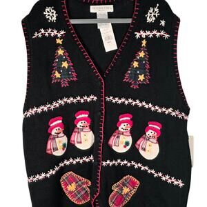 NWT Victoria Jones Woman Christmas Snowman Sweater Vest 2X Black Plaid Mitten